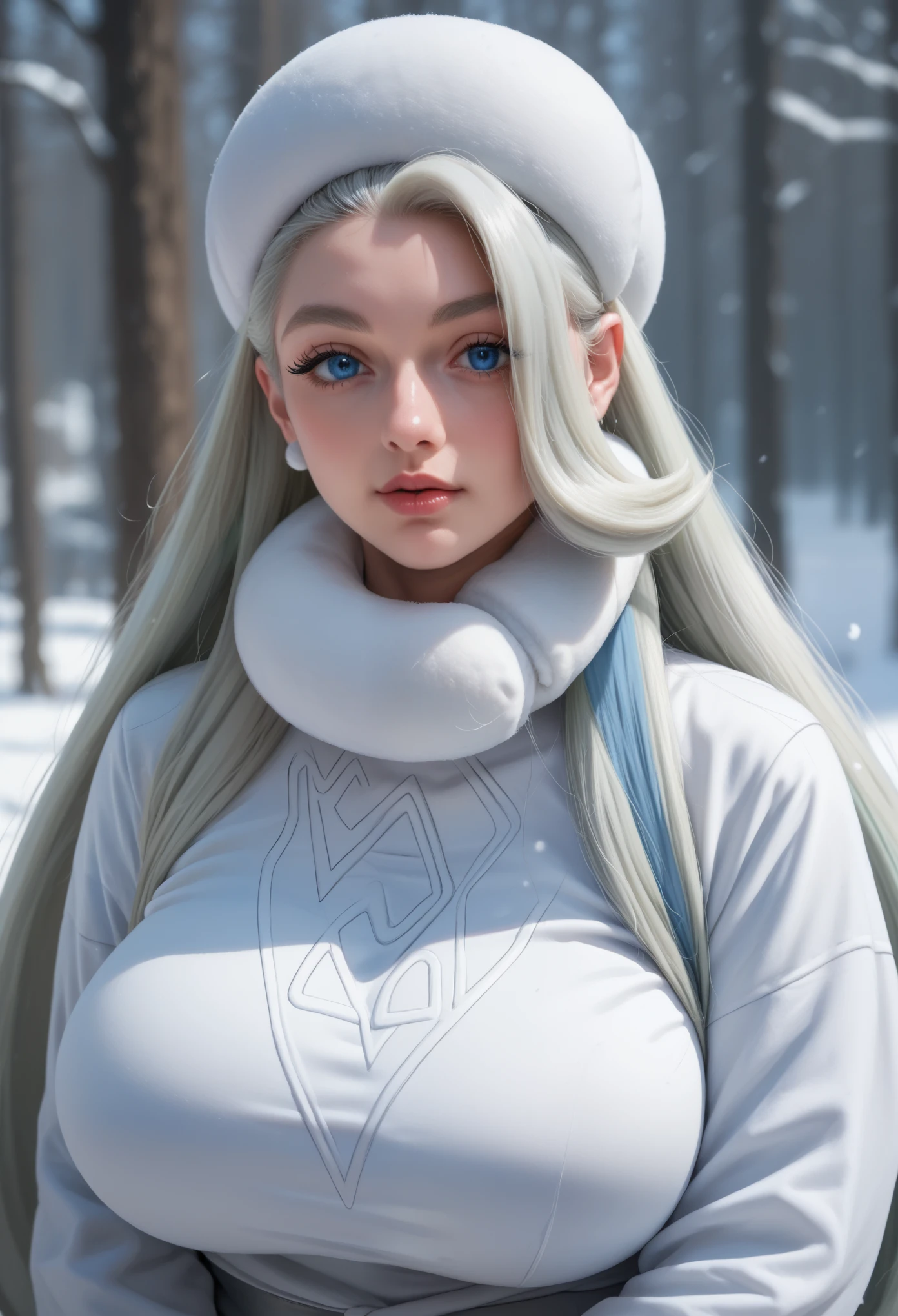 (mastrepiece:1.2,best quality,ultra detailed), pokemonmelony, blue eyes, eyelashes, long hair, multicolored hair, streaked hair, grey hair, thick, huge breasts