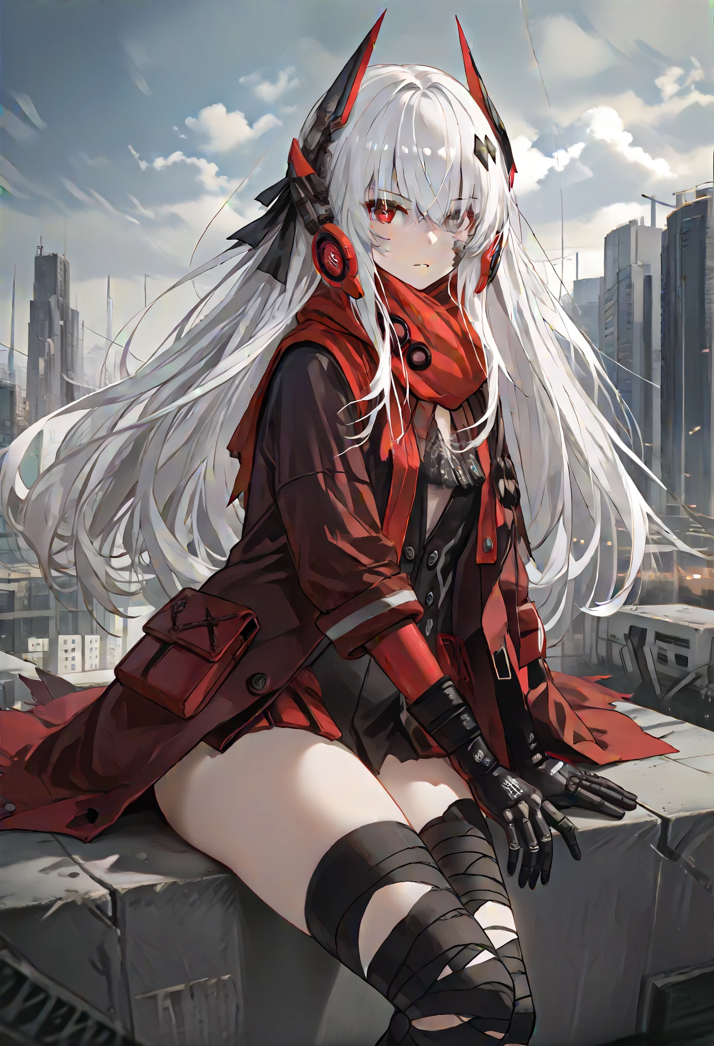 zPDXL2, score_9_up, score_8_up, score_7_up, (Anime_source), 1girl, CrimsonAbyss, Heterochromia, red eye, grey eye, white hair, Crimson clothes, headgear, (bandaged leg), cowboy shot, looking at viewer, sitting on roof, dutch angle floating hair, cyber city
