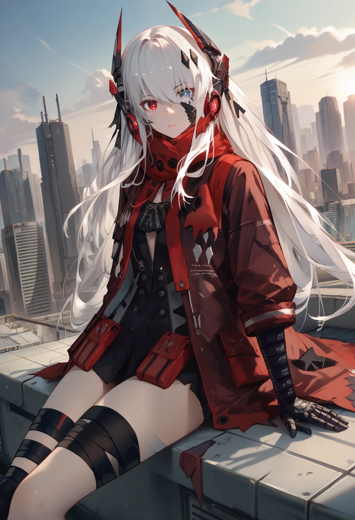 zPDXL2, score_9_up, score_8_up, score_7_up, (Anime_source), 1girl, CrimsonAbyss, Heterochromia, red eye, grey eye, white hair, Crimson clothes, headgear, (bandaged leg), cowboy shot, looking at viewer, sitting on roof, dutch angle floating hair, cyber city
