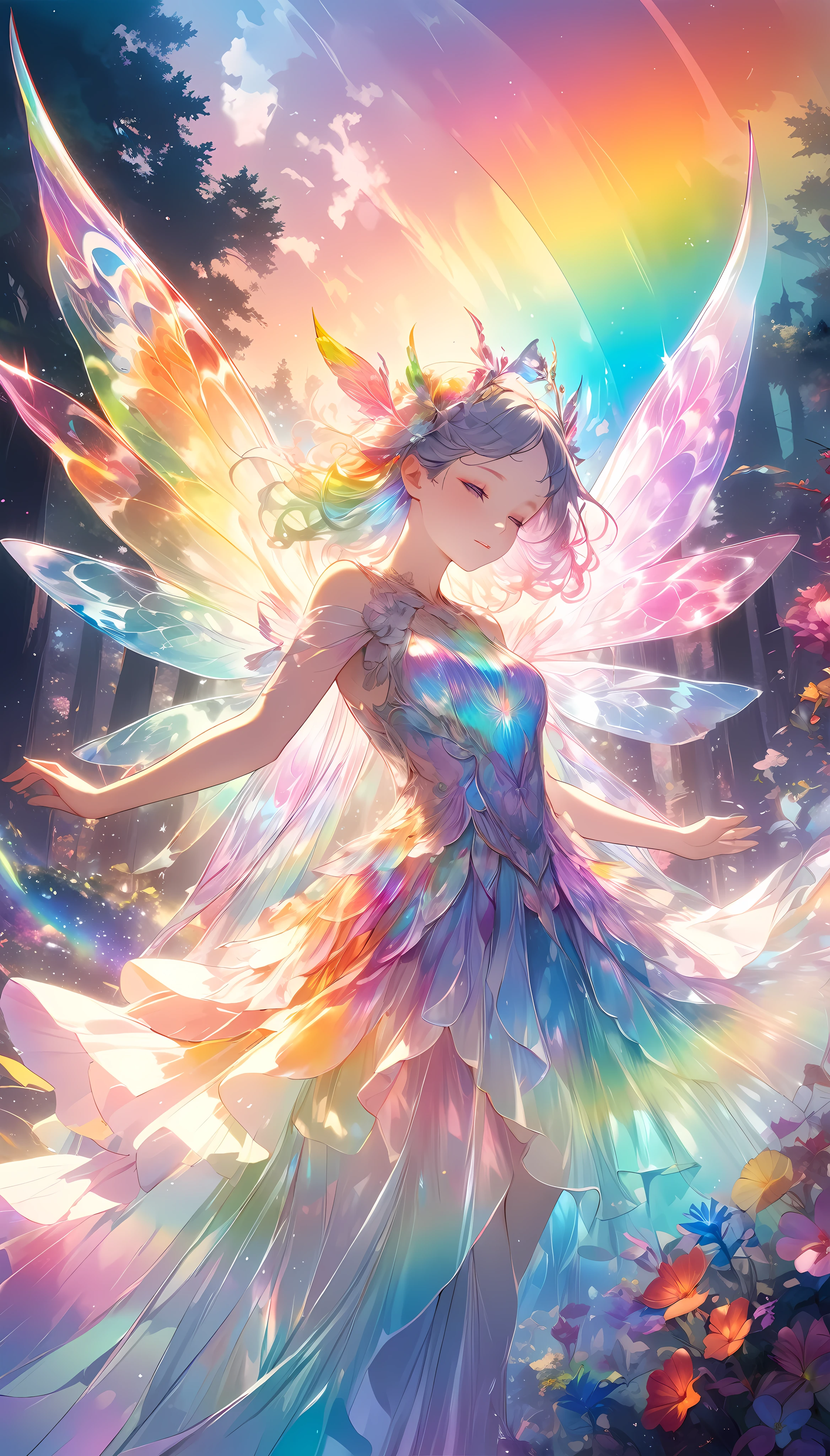 detailed textures, high quality, high resolution, high accuracy, realism, color correction, correct lighting settings, harmonious composition. Pink and gold glittery background, a symmetrical illustration of a silhouette standing under a cherry blossom tree with large pink butterfly wings in the style of anime tarot card art in the style of colorful, colorful sparkles flying everywhere, a magical, dreamy glow effect, glowing lights, vibrant colors of pink, black, yellow, white, purple, red, orange, and blue. --ar 3:4 --niji 6