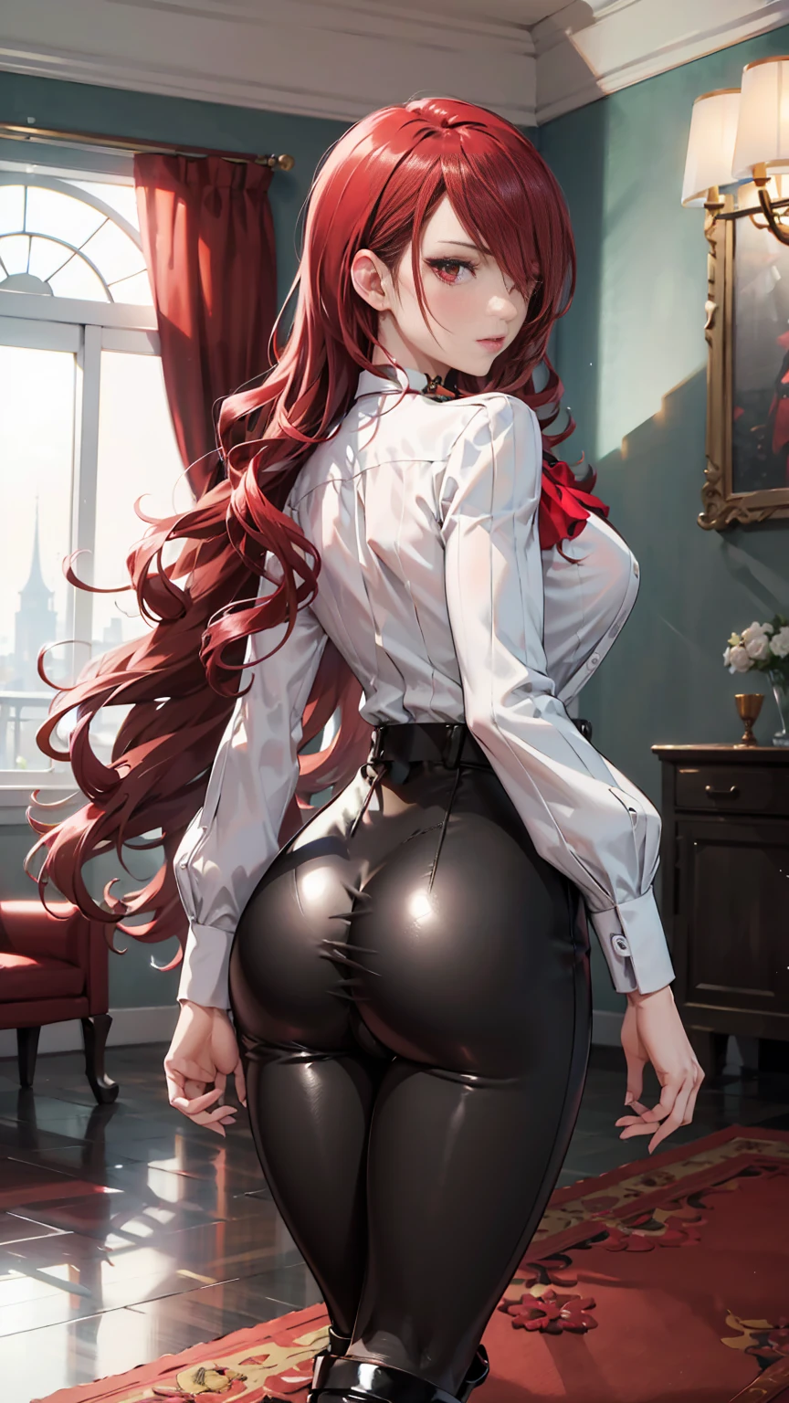   The best quality , ( masterpiece :1.3),  movie lighting , ultra-detail, (highres:1.1), mitsuru kirijou, ( vagina), standing,  seen from behind , perfect ass,  to the spectator, long dark red hair, ( hair covering a right eye ),  detailed eyes , red eyes,  Big breasts, choker:1.6, red bow on the chest , ((White buttoned shirt)), (Black shiny leggings), (black boots), elegant room, mansion, night