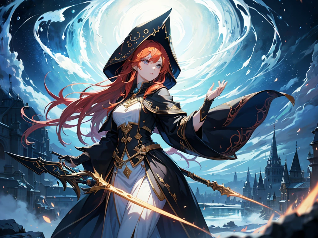 A woman Archer ,  the woman's wisdom is reflected in her calm look , (((perfect eyes)))),  long red hair emits reflections of light amber light,  her clothes are orange in light and dark tones ,  with details in the color gold ,  she wears a white shirt with elaborate ornaments , ( masterpiece:1.2), ( better quality), detailed, Ultra HD,  cinematic lighting , sharp focus, (Illustration:1.1), intricate, 8k cg,  perfect artwork , ( Whole body:0.6), detailed background, hood hat, hood,  Magical atmosphere , hair in the wind,  colorful and shiny magic spell in the air ,  swivel portal , black magic, ( magical-swirls style :0.8),  floating particles ,  dark and sinister forest background , updraft,  background lighting ,