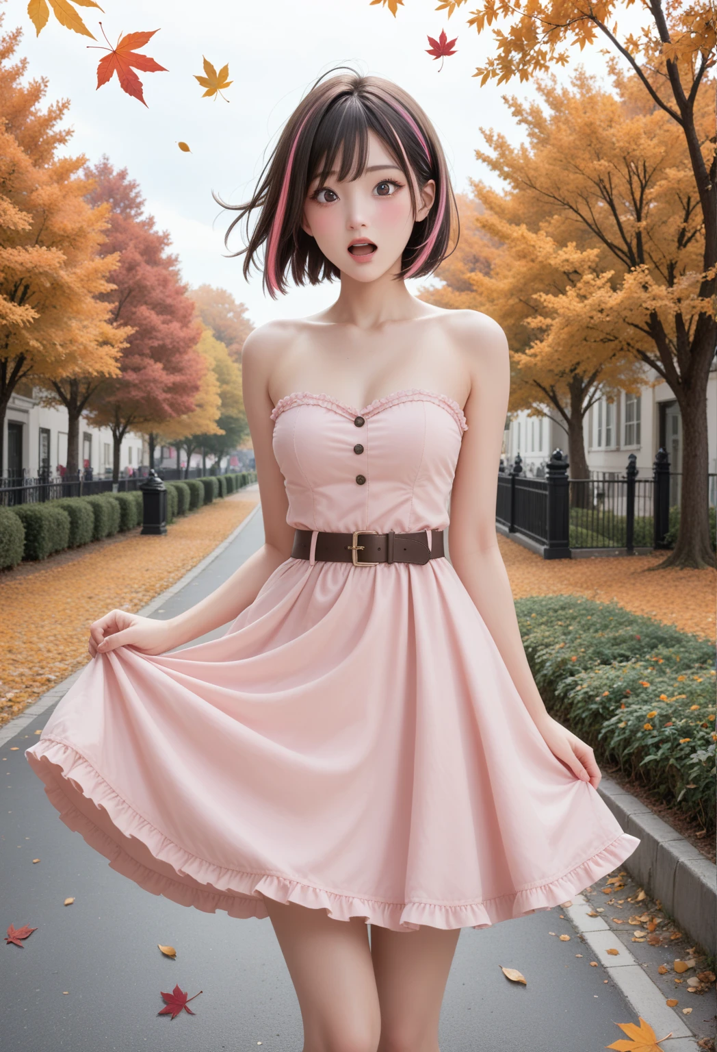 score_9, score_8_up, score_7_up, score_6_up, 1girl, 25 years old, perfect face, looking at viewer, cute,dark eyes, bob cut, inverted bob, streaked hair, floating hair,pink dress, belt, strapless dress, petticoat, autumn, autumn leaves, blush, groin, no panties, surprised, panic, embarrassed, open mouth, pussy peek, covering privates, wind, wind lift, cover mouth,