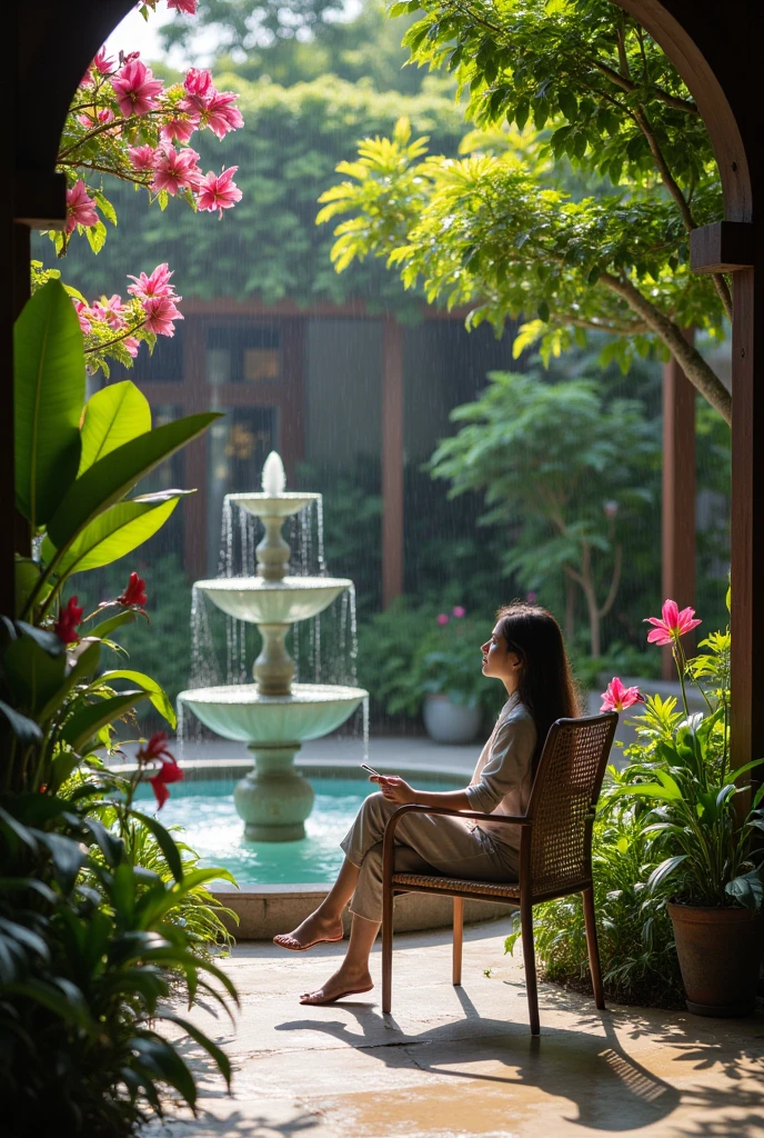 masterpiece, best quality, 8k, ultra highres，Reallightandshadow，Take a leisurely walk，Come to the private courtyard of this villa，It's like entering a fairyland-like garden。Lush greenery surrounds the surroundings，The flowers bloom luxuriantly，The rich floral fragrance comes to the nose；Small and delicate fountain，The water column is like jade，Spread with fine droplets of water，It's like a fountain of spirit。Sit on an elegant rattan chair，A drizzle brushes your cheeks，It's like being in a fairytale world，Happy mind，The years are quiet。