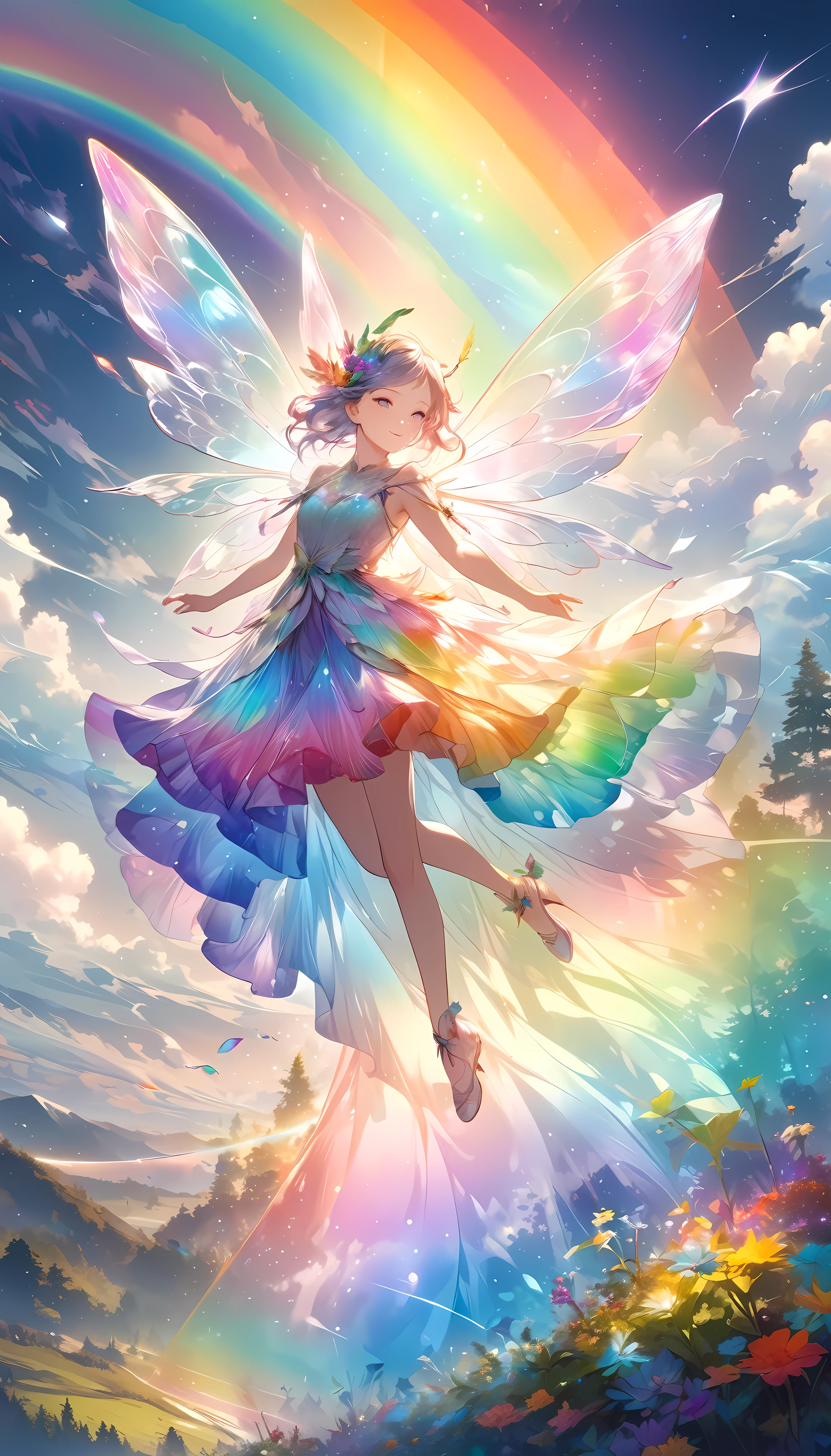 Fairy, A highly detailed and vibrant illustration of a translucent, iridescent rainbow, with layers of transparent, luminous overlays, creating a surreal and aesthetically powerful expression through multiple exposures, Mysterious and angelic atmosphere, 