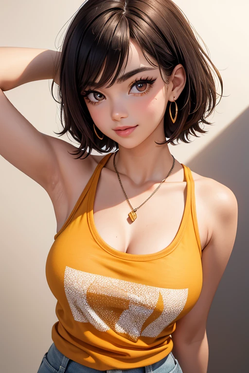 Amazing portrait of the upper body of a young woman who is 20 years old with a beautiful and highly detailed face and skin texture with fine brown eyes with double eyelid and thin eyebrows and glitter eyeliner with natural cheeks and shiny skin wearing an loose orange t shirt and yellow short shorts paired with a sparkly necklace and earrings with glossy lips parted in an enchanting smile with black short bob hair with focus on her chest and face with this upper body shot and her t shirt showcasing her bare shoulders and small breasts