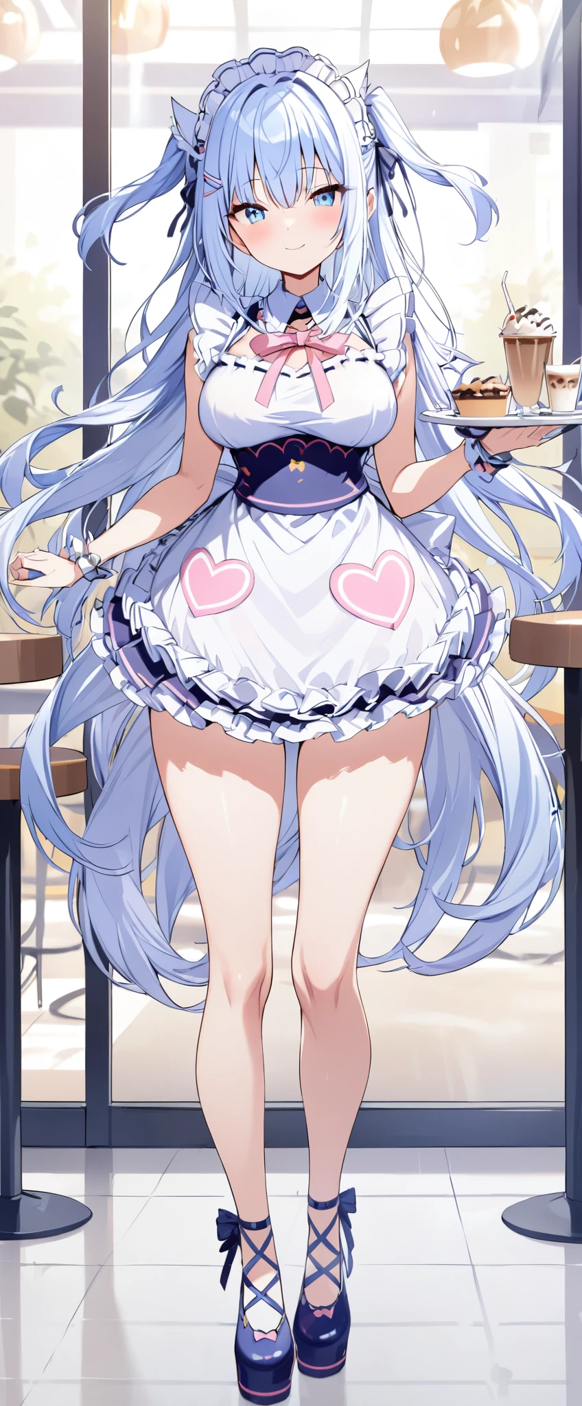 masterpiece, highest quality,,headdress, maid Cafe,smile,closed mouth,mishiro,full body,Light navy blue maid outfit,Super long hair,short two side up.