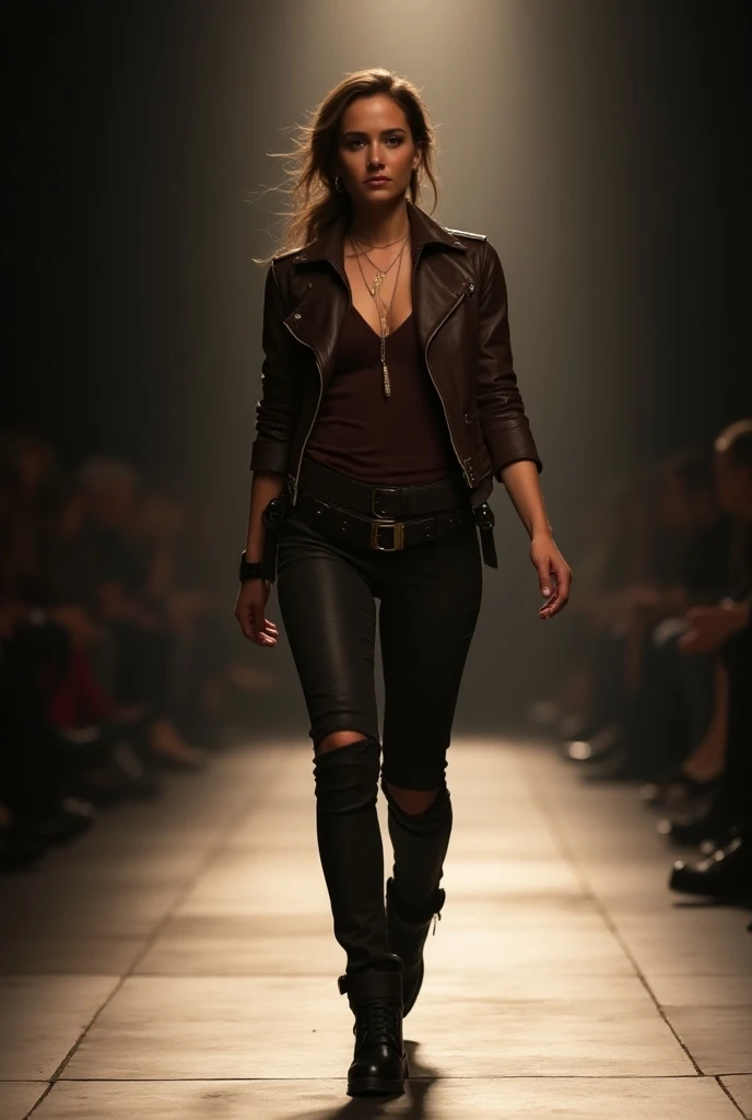 a photograph taken by a photographer accompanying the SPFW show, the model is Katniss Everdeen and is at the end of the catwalk showing off her bold and adventurous new look, which accentuates her curves and her perfect body. the photo was taken with a professional camera, the light is perfect, cinematic style, Katniss Everdeen is played by a young Jennifer Lawrence, who is beautiful as always.