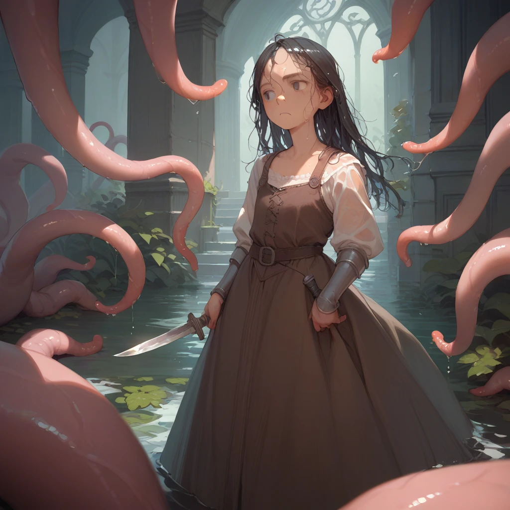 最high quality, high quality, Long Hair, wet hair, flat chest, Dark underground labyrinth, No light, Tentacles inside a medieval long dress,  Equipped with a dagger and a shield, tentacles go inside the dress  ,Hold down the skirt,