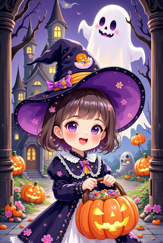  title, "  scary cute Halloween ! Halloween art style ，Halloween theme，cartoon anime illustration ： kid in a wizard costume ，  holding a pumpkin basket full of candy，Cute expression，Trick or Treat。Castle Background， a giant ghost 