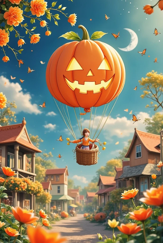 Panorama, anime style, Halloween, a pumpkin-shaped hydrogen balloon flying in the sky, Halloween city below, lots of candy falling from the sky, night sky view,
