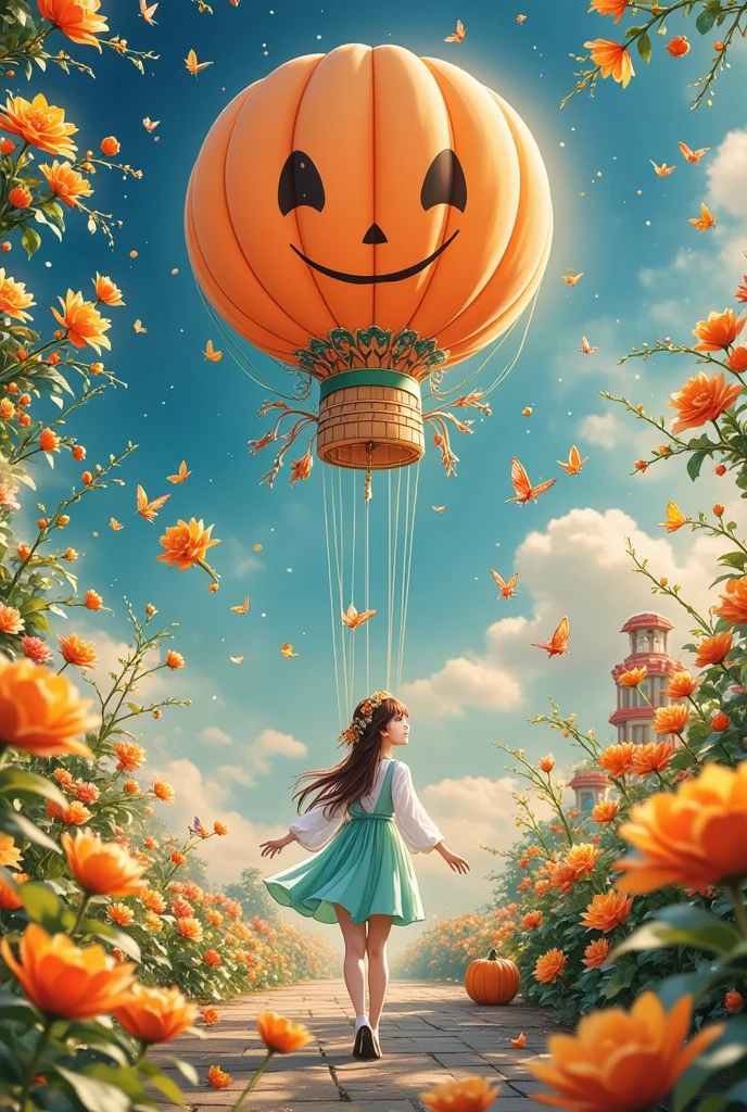 Panorama, anime style, Halloween, a pumpkin-shaped hydrogen balloon flying in the sky, Halloween city below, lots of candy falling from the sky, night sky view,
