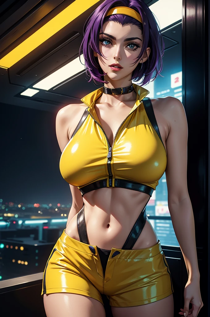 Realista 1.2, seios grandes, (best quality, 8k, highres), ultra-detailed, realistic, charismatic, bold, captivating, Faye Valentine in cowboy  bebop, with sharp eyes and delicate lips, beautiful detailed eyes, beautiful detailed lips, seductive expression, short purple hair, long legs, standing against a vibrant futuristic cityscape, city lights reflecting off the sleek surface, short  hair, (full detailed Faye valentine costumes), (yellow collar shirt, cropped, yellow short pant, headband), stunning cyberpunk aesthetic, neon lights creating a surreal atmosphere, overcast sky with hints of purple and blue, studio lighting accentuating her features, vivid colors enhancing the overall composition, bokeh effect adding depth and focus to Faye, physically-based rendering capturing every intricate detail of her appearance,