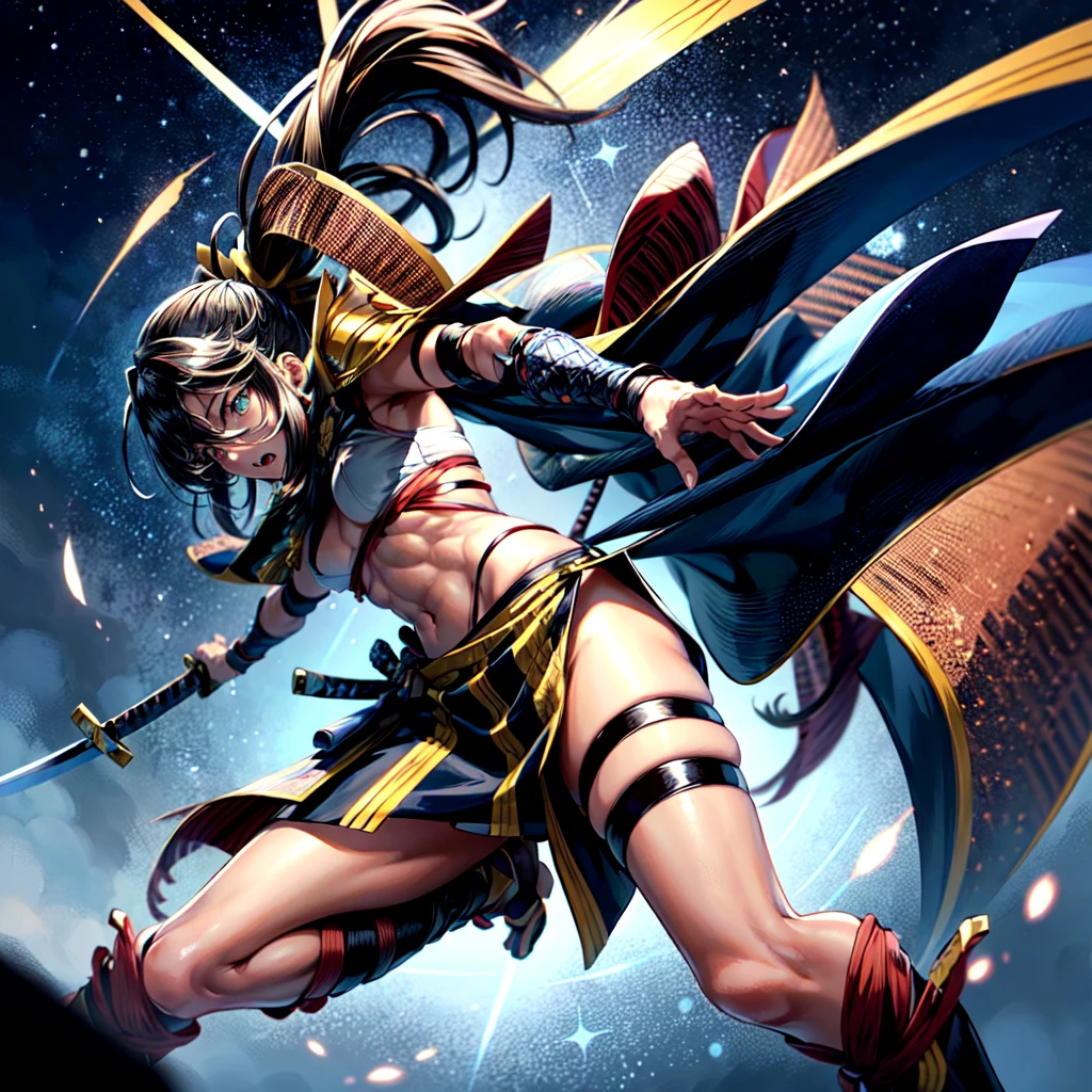 One girl, samurai,Japanese sword,A master sword fighter who fights while being surrounded by enemies,anime,Anatomically correct, A series of character actions,ponytail, masterpiece, Textured skin, Action Painting, Heavy makeup, Brown Skin,Perfect Face,Perfect Eyes, very small breasts ,Very thin legs,Trained abdominal muscles,chest armor , long skirt,alone, accurate,  anatomically correct , Starry Sky,