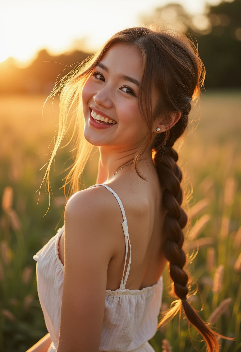 A candid film photograph of a girl with long brown hair in a loose braid, wearing a flowing summer dress. She is captured mid-laugh, looking away from the camera, her face and upper body bathed in the golden light of sunset. The outdoor setting and film grain create a dreamy, ethereal mood, reminiscent of classic film portraits. High quality, with an emphasis on natural beauty and emotion.lora:Film photography XL:0.8