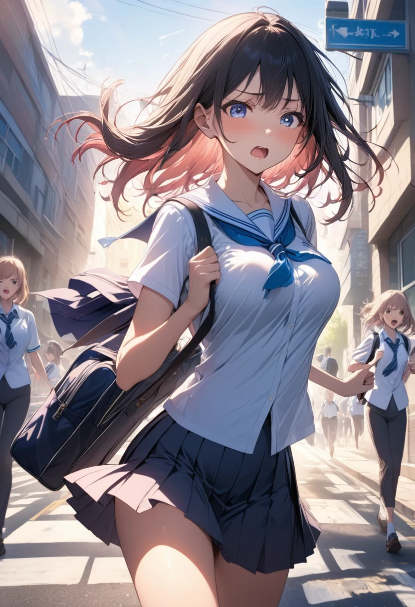 "A highly detailed, masterpiece-level anime-style illustration of a high school girl in top-quality detail, She has an impatient, panicked expression as she rushes down her school route, holding her school bag tightly. Her school uniform flutters as she runs, capturing the sense of urgency and energy in the scene. The background shows a typical school route, with familiar streets and a warm morning light, adding to the feeling of a frantic morning rush.One girl, masterpiece, top quality, super detail,big breast, holding school bag, high school girl's clothes, school route. --ar 3:4 --stylize 300 --v 6.1