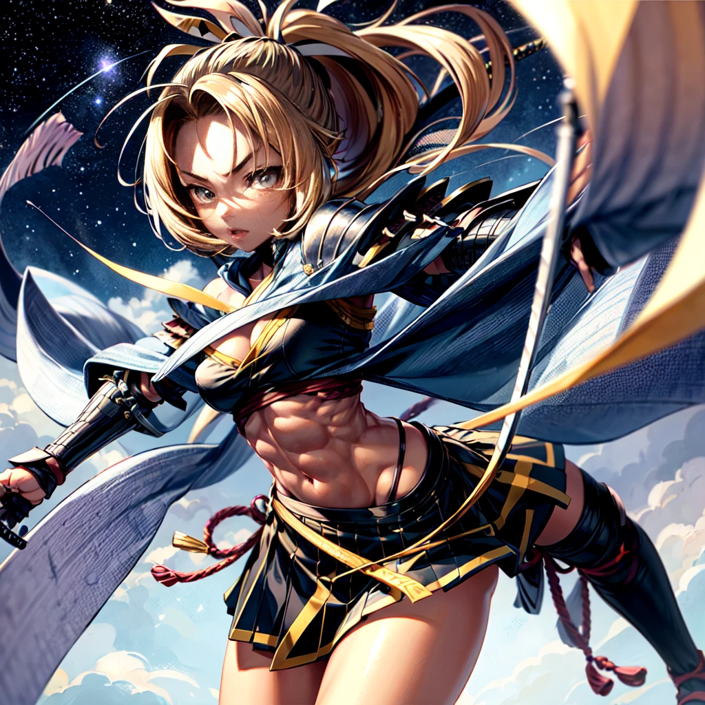 One girl, samurai,Japanese sword,A master sword fighter who fights while being surrounded by enemies,anime,Anatomically correct, A series of character actions,ponytail, masterpiece, Textured skin, Action Painting, Heavy makeup, Brown Skin,Perfect Face,Perfect Eyes, very small breasts ,Very thin legs,Trained abdominal muscles,chest armor , long skirt,alone, accurate,  anatomically correct , Starry Sky,