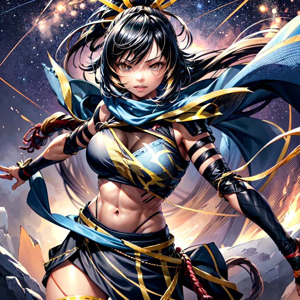 One girl, samurai,Japanese sword,A master sword fighter who fights while being surrounded by enemies,anime,Anatomically correct, A series of character actions,ponytail, masterpiece, Textured skin, Action Painting, Heavy makeup, Brown Skin,Perfect Face,Perfect Eyes, very small breasts ,Very thin legs,Trained abdominal muscles,chest armor , long skirt,alone, accurate,  anatomically correct , Starry Sky,