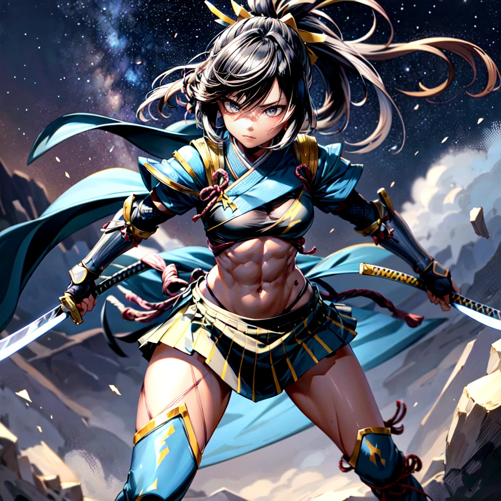 One girl, samurai,Japanese sword,A master sword fighter who fights while being surrounded by enemies,anime,Anatomically correct, A series of character actions,ponytail, masterpiece, Textured skin, Action Painting, Heavy makeup, Brown Skin,Perfect Face,Perfect Eyes, very small breasts ,Very thin legs,Trained abdominal muscles,chest armor , long skirt,alone, accurate,  anatomically correct , Starry Sky,