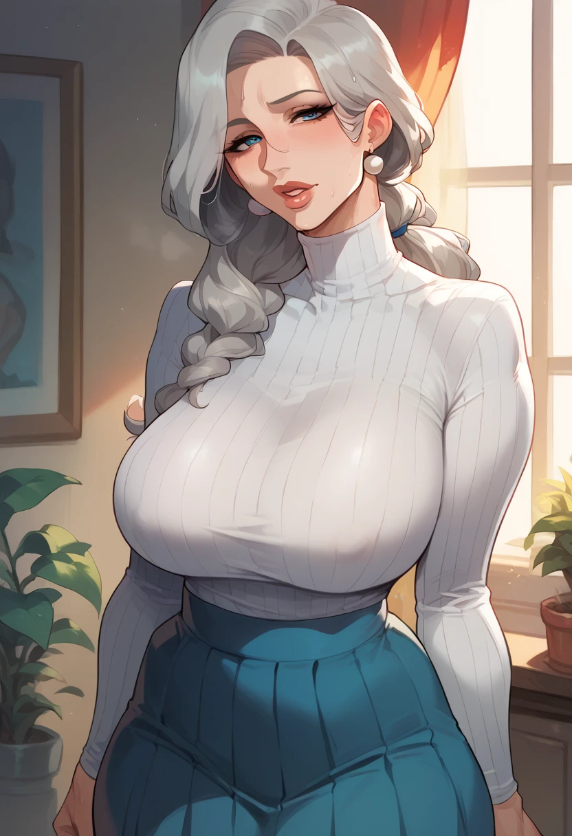 Hyper realistic, grandmother, milf, mature female, perfect face, perfect lighting, sexy lips,Gray Hair、 long hair、 sexy female, large breasts, sweat、High Neck Long Sleeve Ribbed Tee 、 Blue Pleated Long Skirt