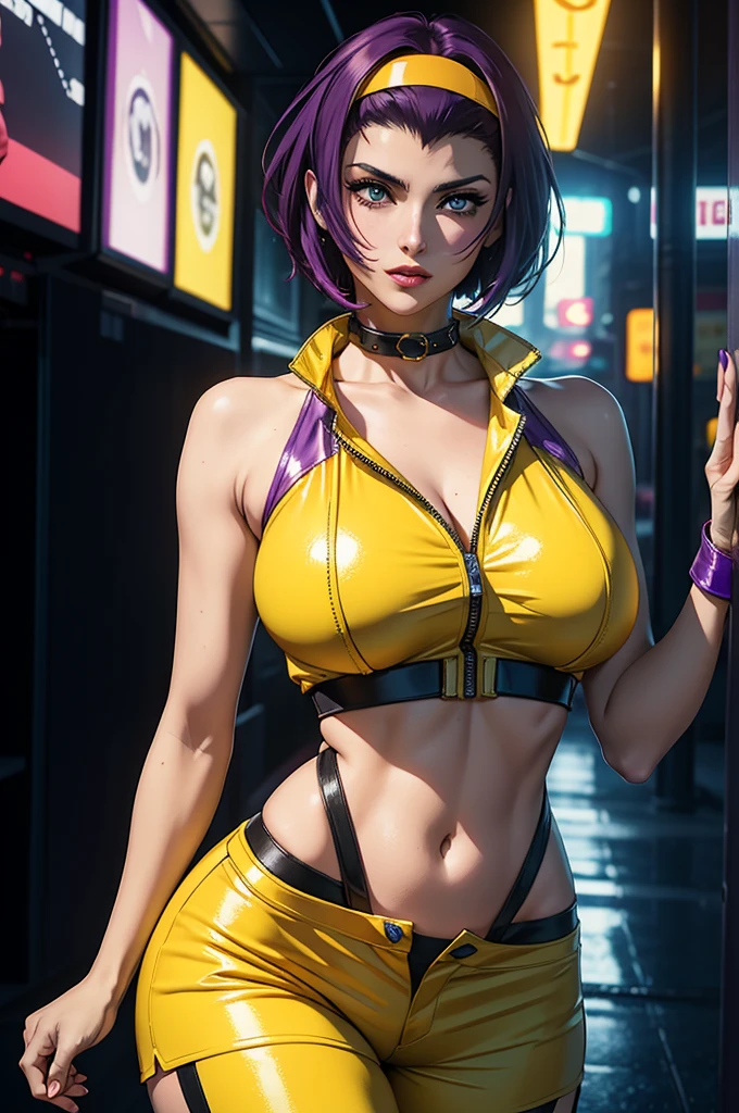 Realista 1.2, seios grandes, (best quality, 8k, highres), ultra-detailed, realistic, charismatic, bold, captivating, Faye Valentine in cowboy  bebop, with sharp eyes and delicate lips, beautiful detailed eyes, beautiful detailed lips, seductive expression, short purple hair, long legs, standing against a vibrant futuristic cityscape, city lights reflecting off the sleek surface, short  hair, (full detailed Faye valentine costumes), (yellow collar shirt, cropped, yellow short pant, headband), stunning cyberpunk aesthetic, neon lights creating a surreal atmosphere, overcast sky with hints of purple and blue, studio lighting accentuating her features, vivid colors enhancing the overall composition, bokeh effect adding depth and focus to Faye, physically-based rendering capturing every intricate detail of her appearance,