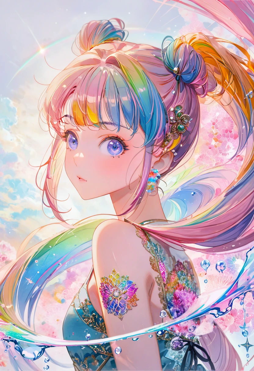 (masterpiece, top quality, best quality,watercolor (medium),official art, beautiful and aesthetic:1.2),(1girl:1.3), (fractal art:1.3),upper body, from side, looking at viewer,patterns,(rainbow color Hair,colorful hair,half blue and half pink hair:1.2),water,liquid, cloud,colorful, starry,stars,