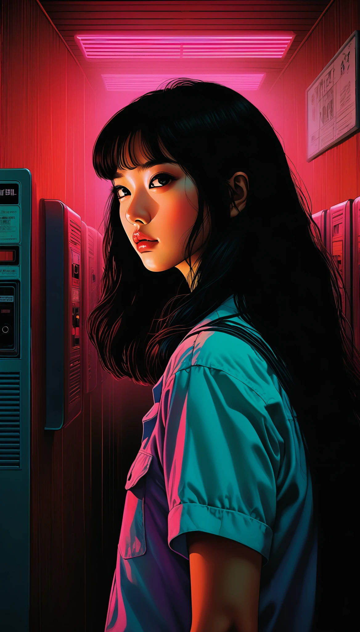 Illustration、art、80s Thai horror movie poster, Supervised by Junji Ito、(high school student:1.0)、movie theatre、Attention to detail, Realistic Shadows、Analog Style, chromatic aberration, Surrealism、Complementary Gradient