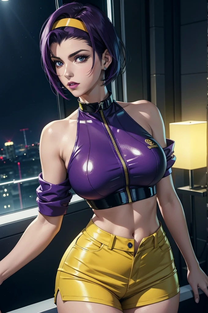 Realista 1.2, seios grandes, (best quality, 8k, highres), ultra-detailed, realistic, charismatic, bold, captivating, Faye Valentine in cowboy  bebop, with sharp eyes and delicate lips, beautiful detailed eyes, beautiful detailed lips, seductive expression, short purple hair, long legs, standing against a vibrant futuristic cityscape, city lights reflecting off the sleek surface, short  hair, (full detailed Faye valentine costumes), (yellow collar shirt, cropped, yellow short pant, headband), stunning cyberpunk aesthetic, neon lights creating a surreal atmosphere, overcast sky with hints of purple and blue, studio lighting accentuating her features, vivid colors enhancing the overall composition, bokeh effect adding depth and focus to Faye, physically-based rendering capturing every intricate detail of her appearance,