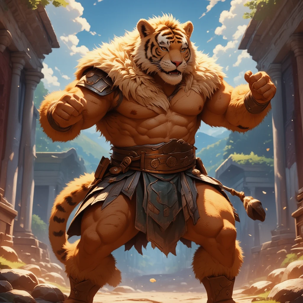 character focus, full body, looking away, various angle, european fantasy, gladiator, a muscular middle-aged tiger man, clothed, heroic costume, gladiator armor, helmet, fighting, dynamic pose, BREAK complete anatomy, perfect proportions, beautiful thigh gap, fluffy body, intricate fur details, beautiful fur texture, BREAK (a detailed tiger 1tail), detailed boots, detailed foot, detailed hands, 5fingers, 5fingers nails, BREAK aesthetic anime face, insanity detailed face, male face, big face, square jawline, aesthetic anime eyes, detailed brown eyes, detailed brown cornea, detailed dark brown irises, detailed pupils, male eyes, big eyes, male eyebrows, innocent look, beautiful beard, BREAK full body in Michelangelo Buonarroti style, digital illustration anime, housamo style, detailed painting landscape, morning, colosseum, outdoor, full color, HDR, BREAK masterpiece, official art, best quality, very aesthetic, absurdres, super fine illustration, great quality, BREAK noise reduction, very highres, large filesize, high quality, 32K, 8k wallpaper, dynamic lighting, BREAK insanity detailed, ultra detailed, intricate details, extremely detailed, detailed texture, an extremely delicate and beautiful, BREAK osukemo, e621 illustration, kemohomo, anthropomorphic, furry, cartoon, harmonious body, pastoral face, virtuous eyes, epic atmosphere