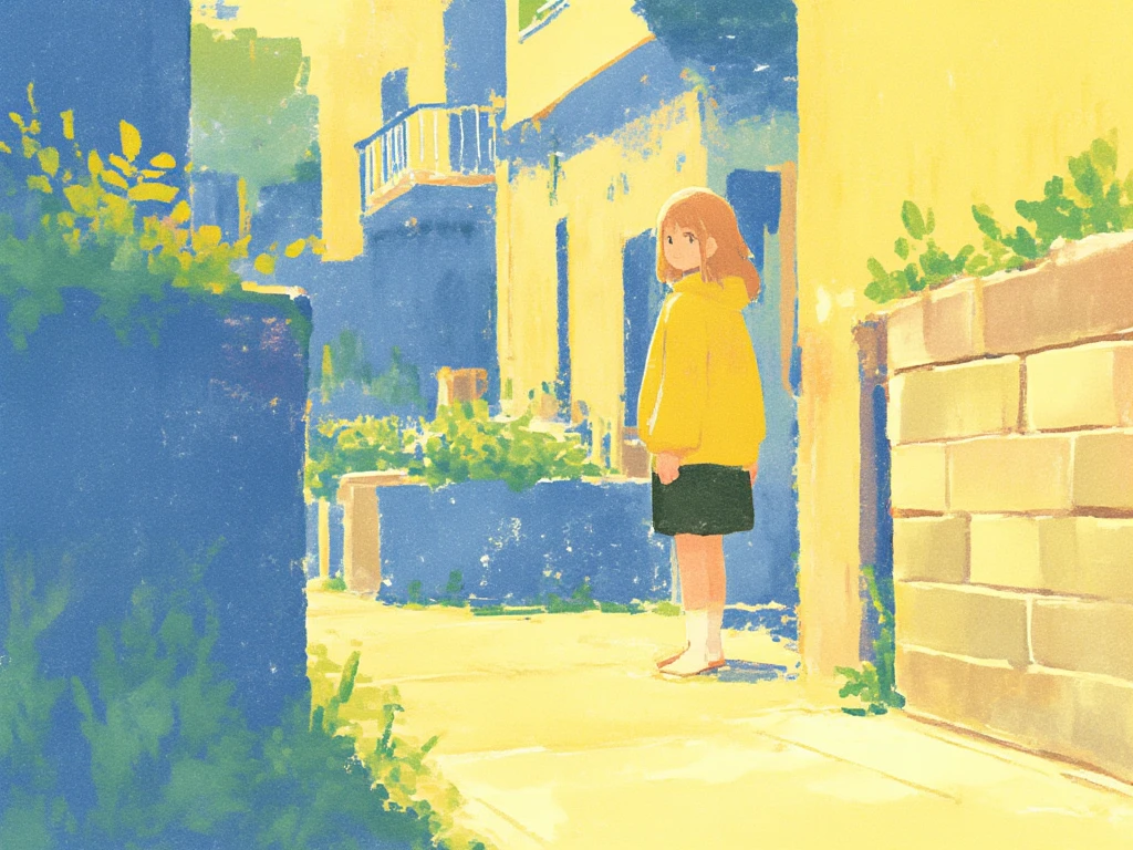 a crayon illustration of 1girl, standing, smiling, side angle, daytime, strong warm lighting, town background, inspired by slice of life anime, shadows cast by leaves, vibrant color pallette, breathtaking, beautiful
