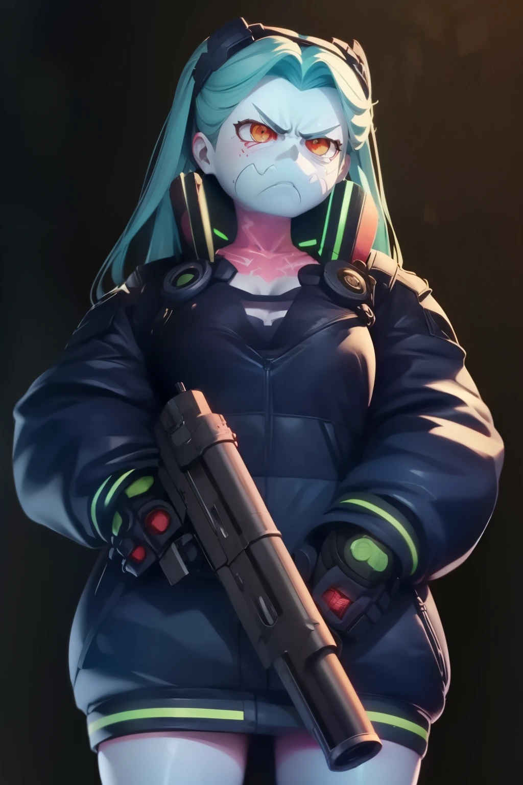 Rebecca, 1girl, (((Showing hands, holding a big Gun, angry face , detailed face))). Detailed, best quality, 4K.