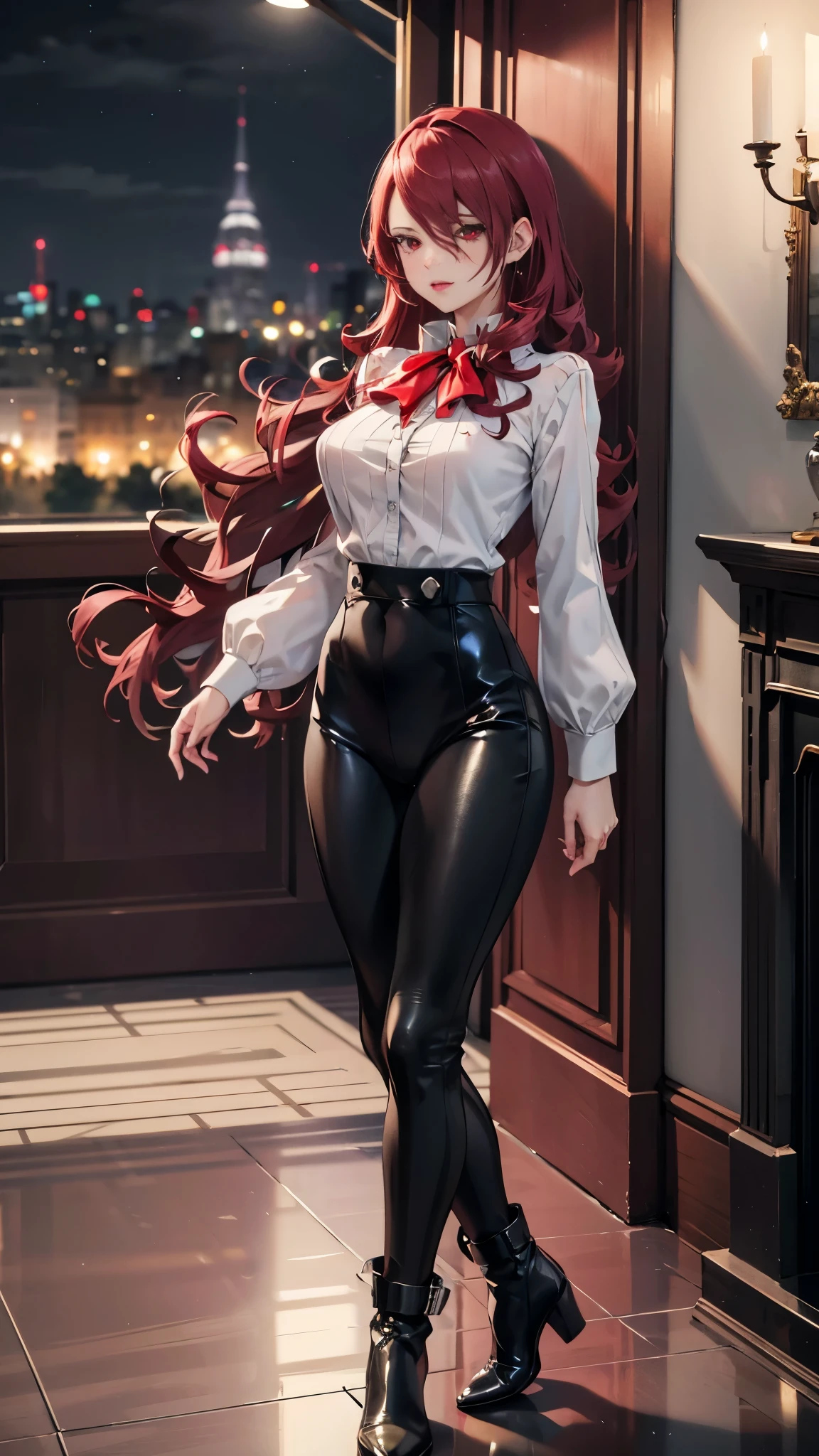   The best quality , ( masterpiece :1.3),  movie lighting , ultra-detail, (highres:1.1), mitsuru kirijou, standing, front view, Looking at the viewer, long dark red hair, ( hair covering a right eye ),  detailed eyes , red eyes,  Big breasts, choker:1.6, red bow on the chest , ((White buttoned shirt)), (Black shiny leggings), (black boots), elegant room, mansion, night