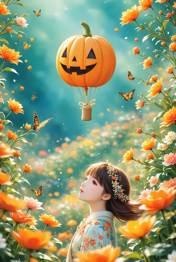 Panorama, anime style, Halloween, a pumpkin-shaped hydrogen balloon flying in the sky, Halloween city below, lots of candy falling from the sky, night sky view,
