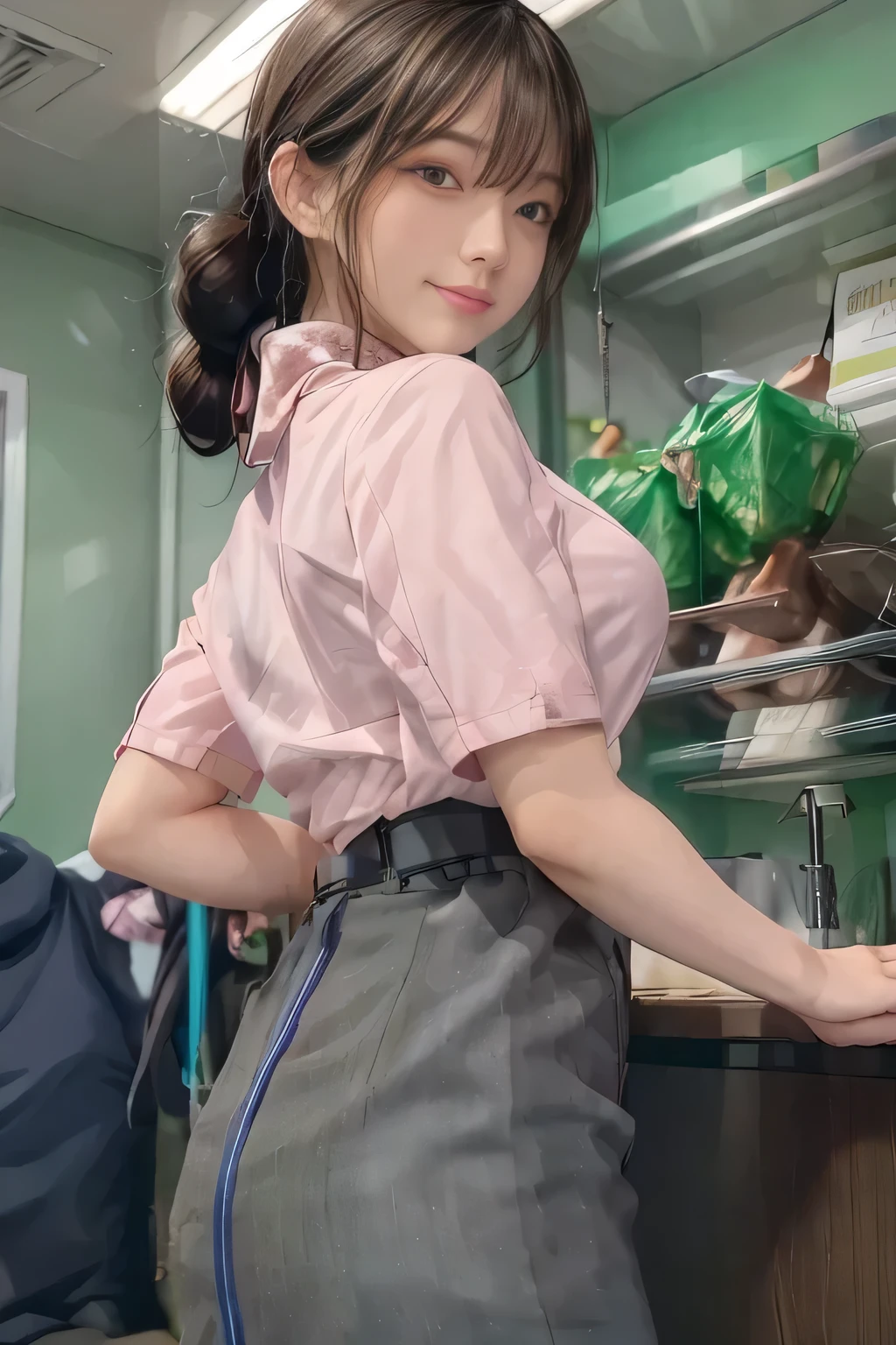 (masterpiece:1.2, Best Quality:1.2), 32K HDR,  Kampala, (Alone、 1 girl)、（on board、 Professional Lighting）、In-flight background、（ANA cabincrew uniform pinkを着たリアルスタイル）、（（ANA cabincrew uniform pink short sleeve blouse 、 ANA cabincrew uniform pink skirt with blue line on the back、Scarf around the neck））、Dark brown hair、（ long hair、Hair tied up、 summary hair ）、Dark brown hair、 LONG SHOT 、Big Breasts、Thin legs、（（Great hands：2.0）），（（ Harmonious Body Proportions：1.5）），（（Normal limbs：2.0）），（（Normal finger：2.0）），（（Delicate eyes：2.0）），（（Normal eyes：2.0））)、smile、（ANA cabincrew uniform pinkを見せた美しい後ろ姿）、Hands clasped underneath