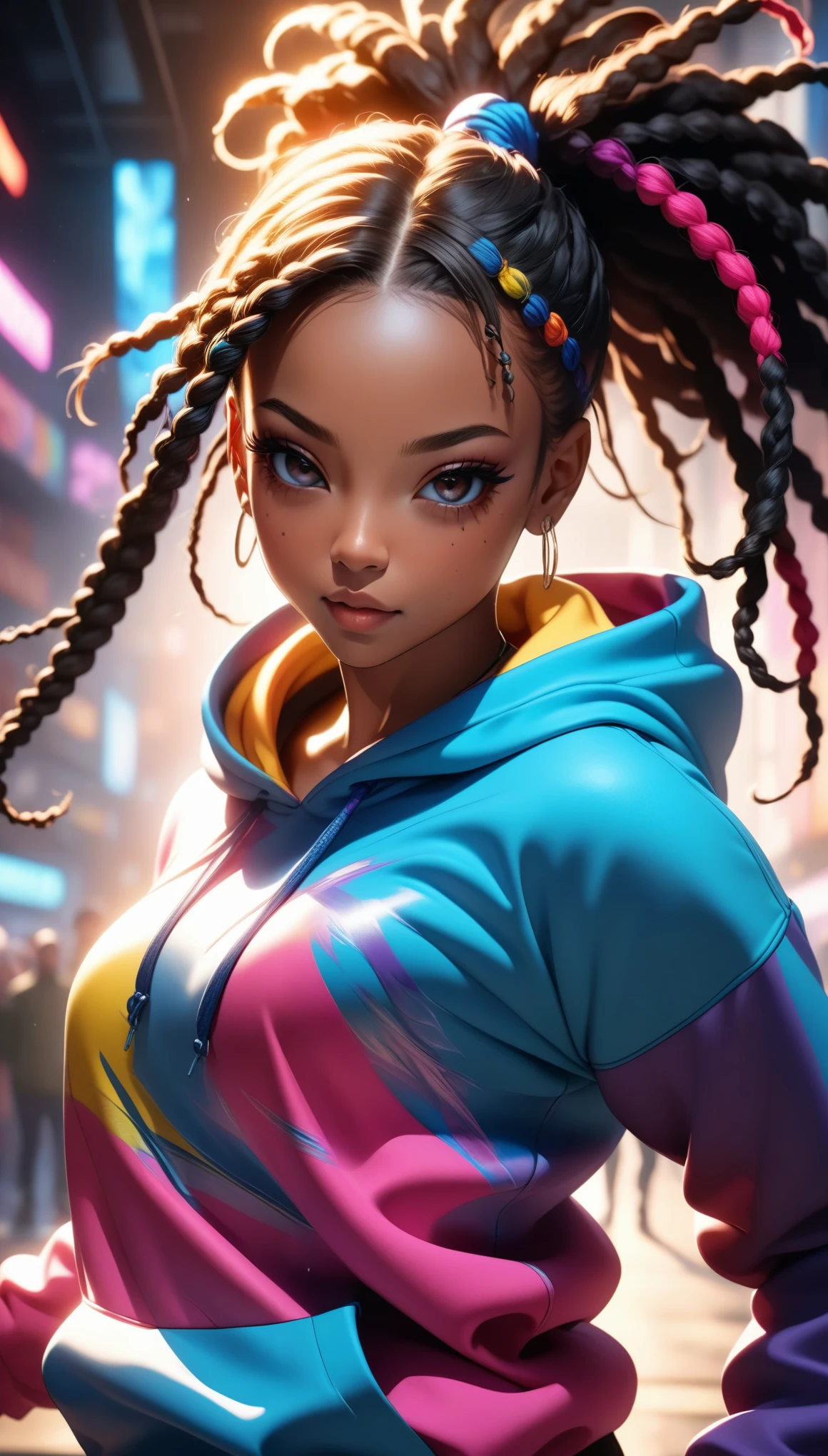 a beautiful young black girl with dreadlocks, colorful hoodie, rapper style, detailed facial features, intricate hair, dynamic pose, vibrant colors, cinematic lighting, photorealistic, 8k, highly detailed, masterpiece