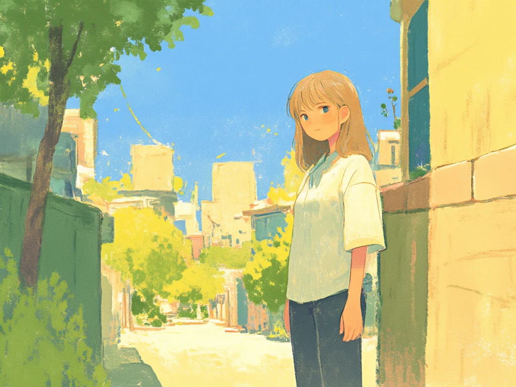 a crayon illustration of 1girl, standing, smiling, side angle, daytime, strong warm lighting, town background, inspired by slice of life anime, shadows cast by leaves, vibrant color pallette, breathtaking, beautiful
