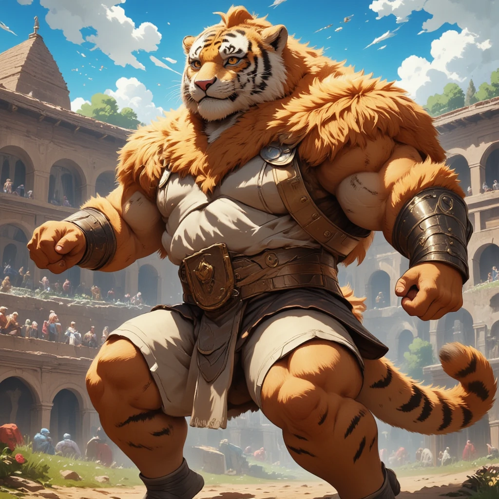 character focus, full body, looking away, various angle, european fantasy, gladiator, a muscular middle-aged tiger man, clothed, heroic costume, gladiator armor, helmet, fighting, dynamic pose, BREAK complete anatomy, perfect proportions, beautiful thigh gap, fluffy body, intricate fur details, beautiful fur texture, BREAK (a detailed tiger 1tail), detailed boots, detailed foot, detailed hands, 5fingers, 5fingers nails, BREAK aesthetic anime face, insanity detailed face, male face, big face, square jawline, aesthetic anime eyes, detailed brown eyes, detailed brown cornea, detailed dark brown irises, detailed pupils, male eyes, big eyes, male eyebrows, innocent look, beautiful beard, BREAK full body in Michelangelo Buonarroti style, digital illustration anime, housamo style, detailed painting landscape, morning, colosseum, outdoor, full color, HDR, BREAK masterpiece, official art, best quality, very aesthetic, absurdres, super fine illustration, great quality, BREAK noise reduction, very highres, large filesize, high quality, 32K, 8k wallpaper, dynamic lighting, BREAK insanity detailed, ultra detailed, intricate details, extremely detailed, detailed texture, an extremely delicate and beautiful, BREAK osukemo, e621 illustration, kemohomo, anthropomorphic, furry, cartoon, harmonious body, pastoral face, virtuous eyes, epic atmosphere