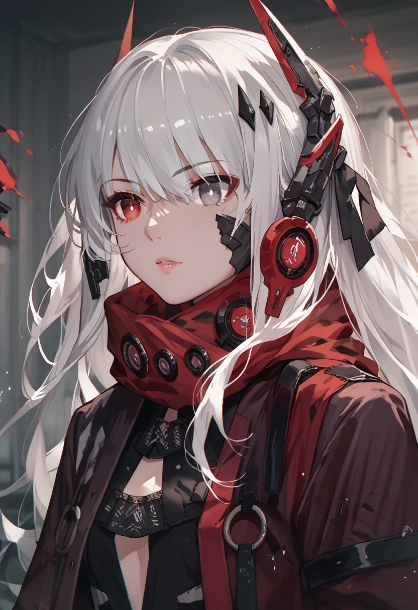  1girl, CrimsonAbyss, Heterochromia, red eye, grey eye, white hair,