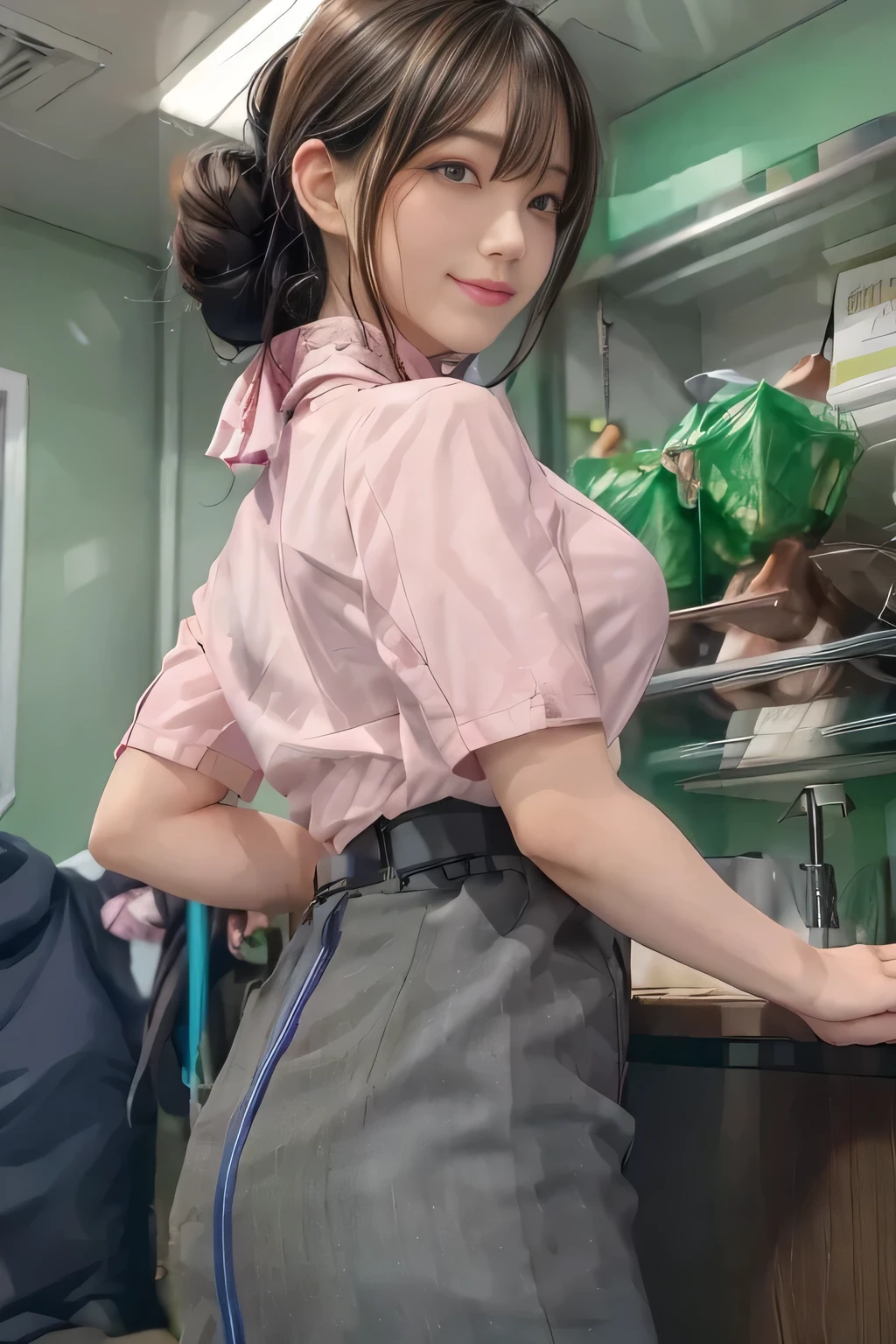 (masterpiece:1.2, Best Quality:1.2), 32K HDR,  Kampala, (Alone、 1 girl)、（on board、 Professional Lighting）、In-flight background、（ANA cabincrew uniform pinkを着たリアルスタイル）、（（ANA cabincrew uniform pink short sleeve blouse 、 ANA cabincrew uniform pink skirt with blue line on the back、Scarf around the neck））、Dark brown hair、（ long hair、Hair tied up、 summary hair ）、Dark brown hair、 LONG SHOT 、Big Breasts、Thin legs、（（Great hands：2.0）），（（ Harmonious Body Proportions：1.5）），（（Normal limbs：2.0）），（（Normal finger：2.0）），（（Delicate eyes：2.0）），（（Normal eyes：2.0））)、smile、（ANA cabincrew uniform pinkを見せた美しい後ろ姿）、Hands clasped underneath