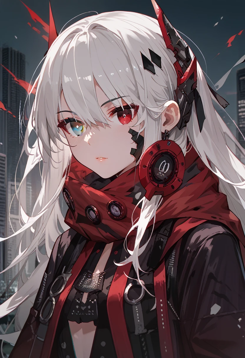 zPDXL2, score_9_up, score_8_up, score_7_up, (Anime_source), 1girl, CrimsonAbyss, Heterochromia, red eye, grey eye, white hair,