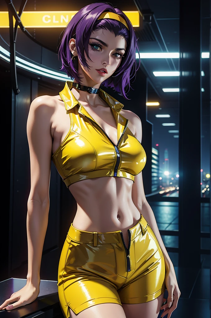 Realista 1.2, seios grandes, (best quality, 8k, highres), ultra-detailed, realistic, charismatic, bold, captivating, Faye Valentine in cowboy  bebop, with sharp eyes and delicate lips, beautiful detailed eyes, beautiful detailed lips, seductive expression, short purple hair, long legs, standing against a vibrant futuristic cityscape, city lights reflecting off the sleek surface, short  hair, (full detailed Faye valentine costumes), (yellow collar shirt, cropped, yellow short pant, headband), stunning cyberpunk aesthetic, neon lights creating a surreal atmosphere, overcast sky with hints of purple and blue, studio lighting accentuating her features, vivid colors enhancing the overall composition, bokeh effect adding depth and focus to Faye, physically-based rendering capturing every intricate detail of her appearance,