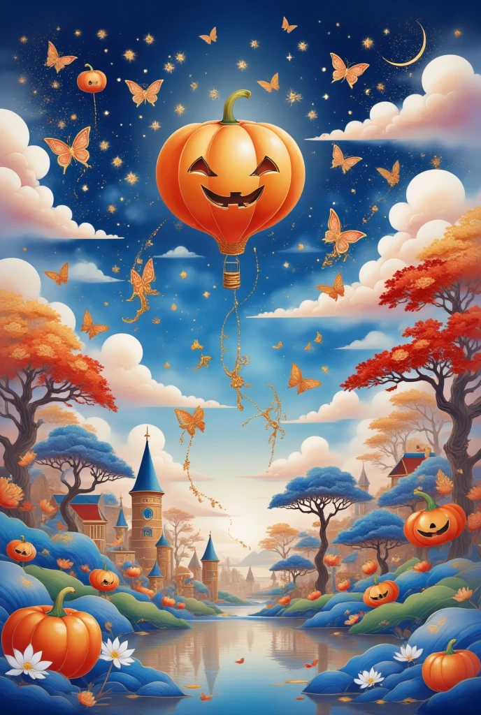 Panorama, anime style, Halloween, a pumpkin-shaped hydrogen balloon flying in the sky, Halloween city below, lots of candy falling from the sky, night sky view,
