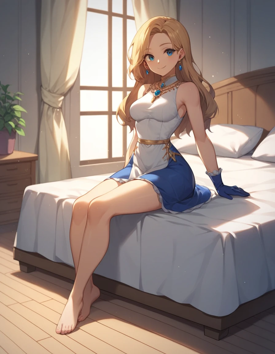 Best Quality, Masterpiece, 1 girl, Alone, Transport, wide, TransportBase, Thighs, bare shoulders, jewelry, sleeveless, White dress, blue skirt, gloves, bed room, bed, wooden floor, session, session on bed, hands on legs, subtle smile, soft lighting, whole body, Wide hips, medium breasts