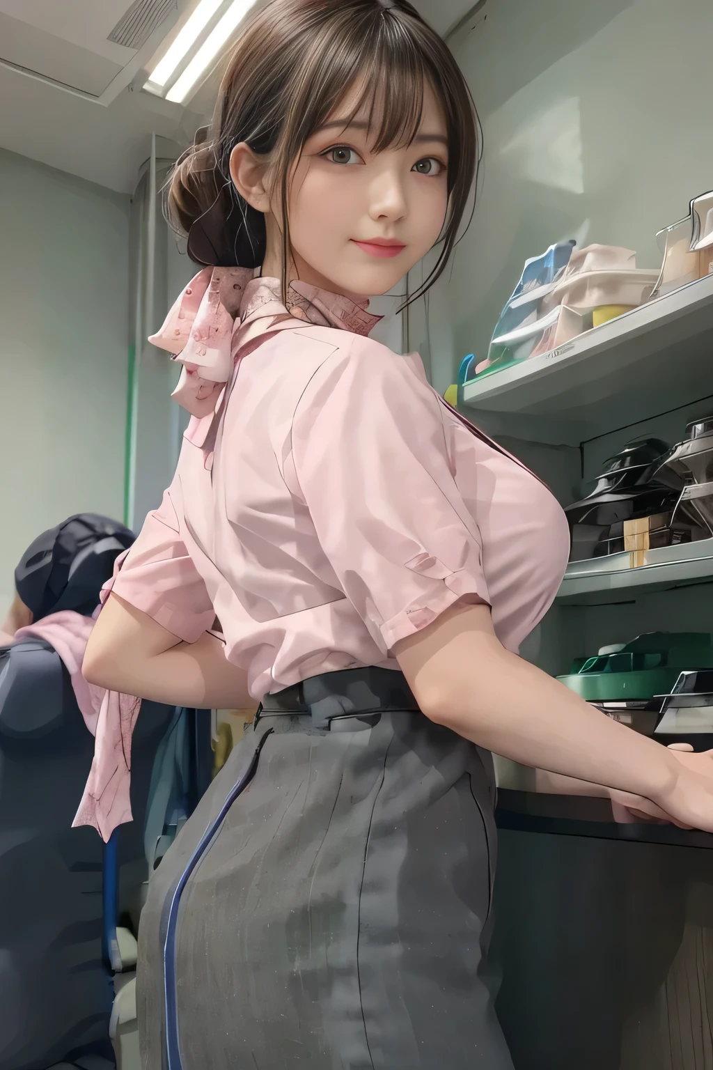 (masterpiece:1.2, Best Quality:1.2), 32K HDR,  Kampala, (Alone、 1 girl)、（on board、 Professional Lighting）、In-flight background、（ANA cabincrew uniform pinkを着たリアルスタイル）、（（ANA cabincrew uniform pink short sleeve blouse 、 ANA cabincrew uniform pink skirt with blue line on the back、Scarf around the neck））、Dark brown hair、（ long hair、Hair tied up、 summary hair ）、Dark brown hair、 LONG SHOT 、Big Breasts、Thin legs、（（Great hands：2.0）），（（ Harmonious Body Proportions：1.5）），（（Normal limbs：2.0）），（（Normal finger：2.0）），（（Delicate eyes：2.0）），（（Normal eyes：2.0））)、smile、（ANA cabincrew uniform pinkを見せた美しい後ろ姿）、Hands clasped underneath