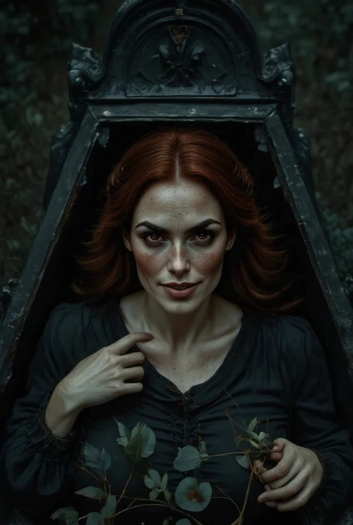 Photorealistic, cinematic style, from above picture of a mature beautiful British woman laying in a coffin in a grave with her eyes open. graveyard, dark night. She has Brown eyes, downturned eye shape. looking in the camera. Scary smile. She has long reddish-brown hair, undercut hairdo. Black dress. Perfect hand,HDR, intricate details, scary
