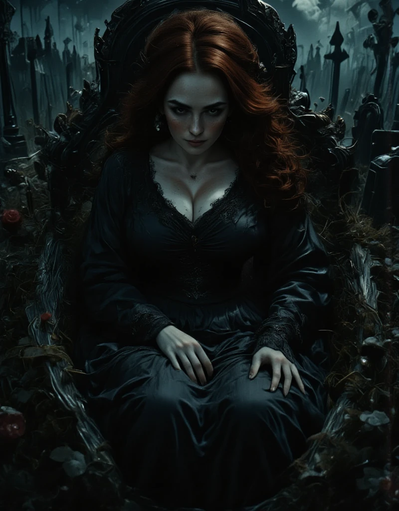 Photorealistic, cinematic style, from above picture of a mature beautiful British woman laying in a coffin in a grave with her eyes open. cemetary, dark night. She has Brown eyes, downturned eye shape. looking in the camera. Scary smile. She has long reddish-brown hair, undercut hairdo. Black dress. Perfect hand,HDR, intricate details, scary
