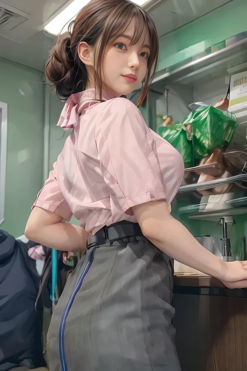 (masterpiece:1.2, Best Quality:1.2), 32K HDR,  Kampala, (Alone、 1 girl)、（on board、 Professional Lighting）、In-flight background、（ANA cabincrew uniform pinkを着たリアルスタイル）、（（ANA cabincrew uniform pink short sleeve blouse 、 ANA cabincrew uniform pink skirt with blue line on the back、Scarf around the neck））、Dark brown hair、（ long hair、Hair tied up、 summary hair ）、Dark brown hair、 LONG SHOT 、Big Breasts、Thin legs、（（Great hands：2.0）），（（ Harmonious Body Proportions：1.5）），（（Normal limbs：2.0）），（（Normal finger：2.0）），（（Delicate eyes：2.0）），（（Normal eyes：2.0））)、smile、（ANA cabincrew uniform pinkを見せた美しい後ろ姿）、Hands clasped underneath