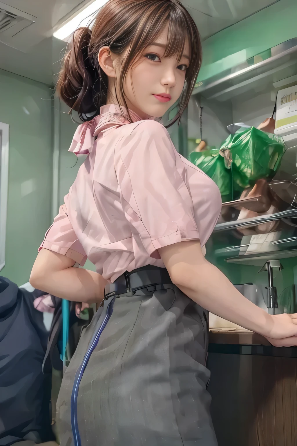 (masterpiece:1.2, Best Quality:1.2), 32K HDR,  Kampala, (Alone、 1 girl)、（on board、 Professional Lighting）、In-flight background、（ANA cabincrew uniform pinkを着たリアルスタイル）、（（ANA cabincrew uniform pink short sleeve blouse 、 ANA cabincrew uniform pink skirt with blue line on the back、Scarf around the neck））、Dark brown hair、（ long hair、Hair tied up、 summary hair ）、Dark brown hair、 LONG SHOT 、Big Breasts、Thin legs、（（Great hands：2.0）），（（ Harmonious Body Proportions：1.5）），（（Normal limbs：2.0）），（（Normal finger：2.0）），（（Delicate eyes：2.0）），（（Normal eyes：2.0））)、smile、（ANA cabincrew uniform pinkを見せた美しい後ろ姿）、Hands clasped underneath