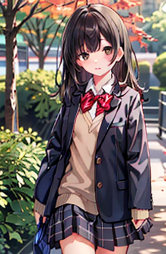 Ogiwara-san is sad,  1 girl, Alone,   school uniform,  Long Sleeve , Skirt Grey, , (Absurd), ( Kampala),  staring at viewers , Walking in the park, (  Highly Detailed CG Unity 8k Wallpaper  ,masterpiece,  best quality , Super detailed), nude, big chest、 long black hair、