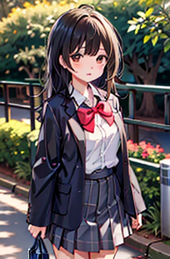 Ogiwara-san is sad,  1 girl, Alone,   school uniform,  Long Sleeve , Skirt Grey, , (Absurd), ( Kampala),  staring at viewers , Walking in the park, (  Highly Detailed CG Unity 8k Wallpaper  ,masterpiece,  best quality , Super detailed), nude, big chest、 long black hair、